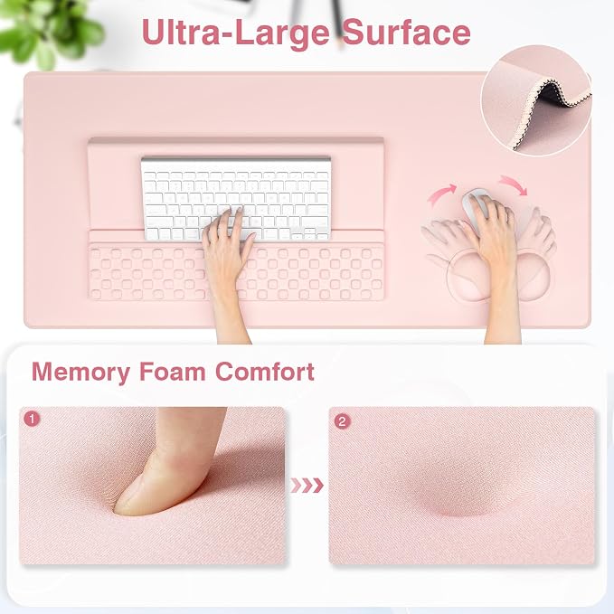 Ospelelf Keyboard Stand Wrist Rest Pad and Ergonomic Mouse Pad Set with Large Mousepad Desk Mat, Memory Foam Comfort, Premium Office Desk Accessories for Pain Relief and Efficiency, Pink