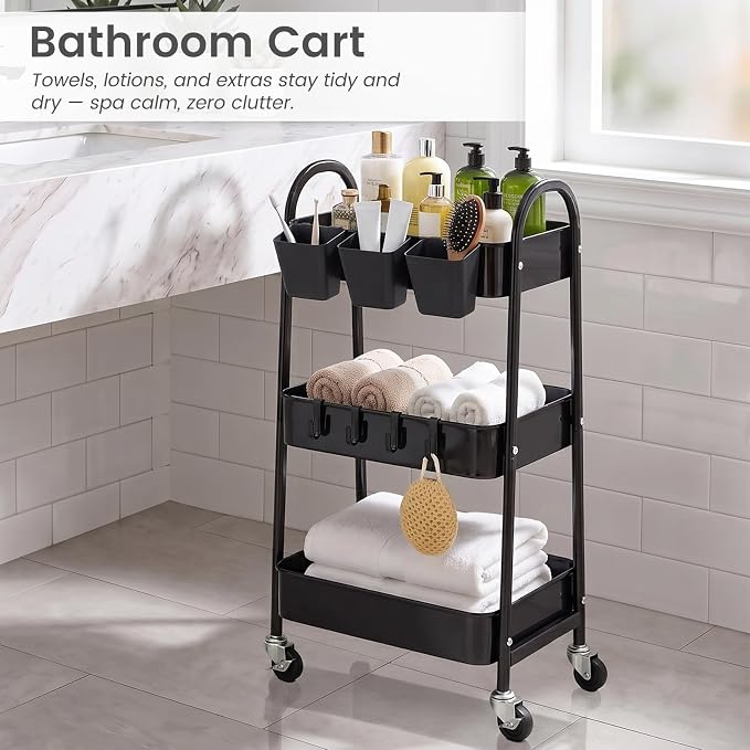 3-Tier Rolling Cart, Utility Cart Mobile Metal Rolling Storage Cart with Lockable Wheels & Hanging Cups & Hooks for Kitchen, Bathroom, Office, Workshop, Black