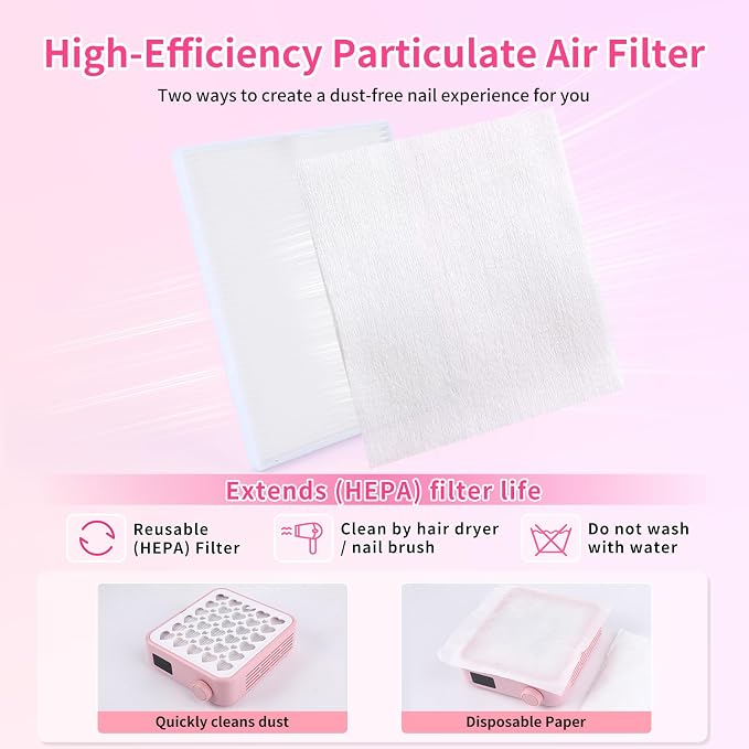 BQAN Portable Nail Dust Collectorwith 4200RPM Fan for Acrylic Nail Pink | 10pcs Filter Papers & Nail Brush Include | Strong Suction | Adjustable Speed | For Acrylic & Gel | Professional & Home Use