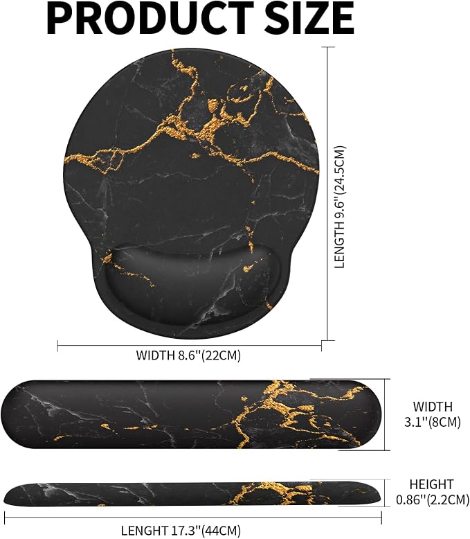 Mouse Pad Wrist Support, Ergonomic Memory Foam Keyboard Wrist Pad & Gel Wrist Rest Set for Computer Keyboard for Easy Typing & Pain Relief for Office & Home (Black Marble Set)