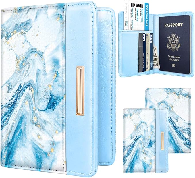 Coco Rossi Passport Holder for Travel Women Slim RFID Passport Cover Wallet | Travel Essentials, Passport Book Holders, Passport Wallet Cover Case, PU Leather, Cute, Thin, Spliced Design, Blue Marble