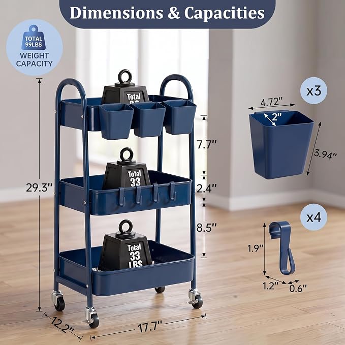 3-Tier Rolling Cart, Utility Cart Mobile Metal Rolling Storage Cart with Lockable Wheels & Hanging Cups & Hooks for Kitchen, Bathroom, Office, Workshop, Dark Blue