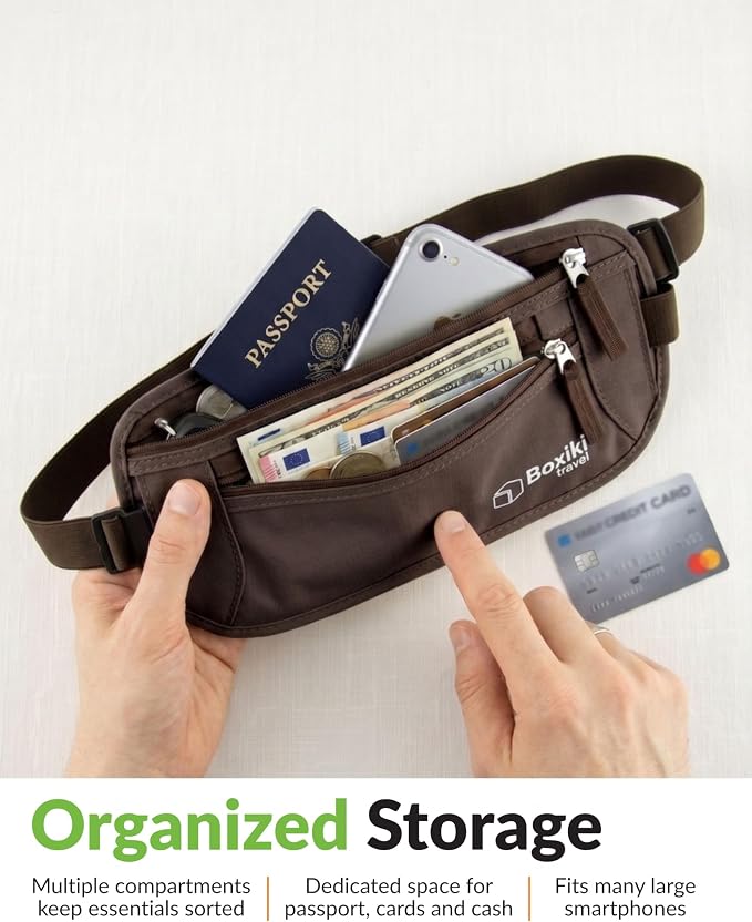 Money Belt for Travel with RFID Blocking Technology - Hidden Travel Money Pouch for Cash, Credit Cards, Passport, and Travel Valuables - Secure Water Resistant Money Belt for Men and Women (Brown)