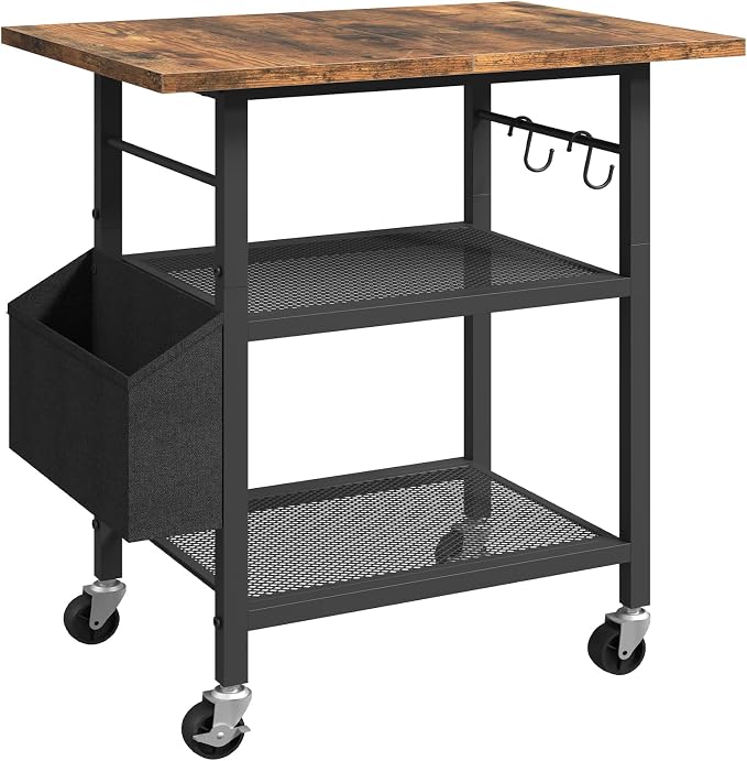 MAHANCRIS 3-Tier Printer Stand, Rolling Printer Table on Wheels, Industrial Storage Stand with Side Pocket, Wooden Tabletop, 2 S-Shaped Hooks, for Home Office, Rustic Brown and Black PTHR2501