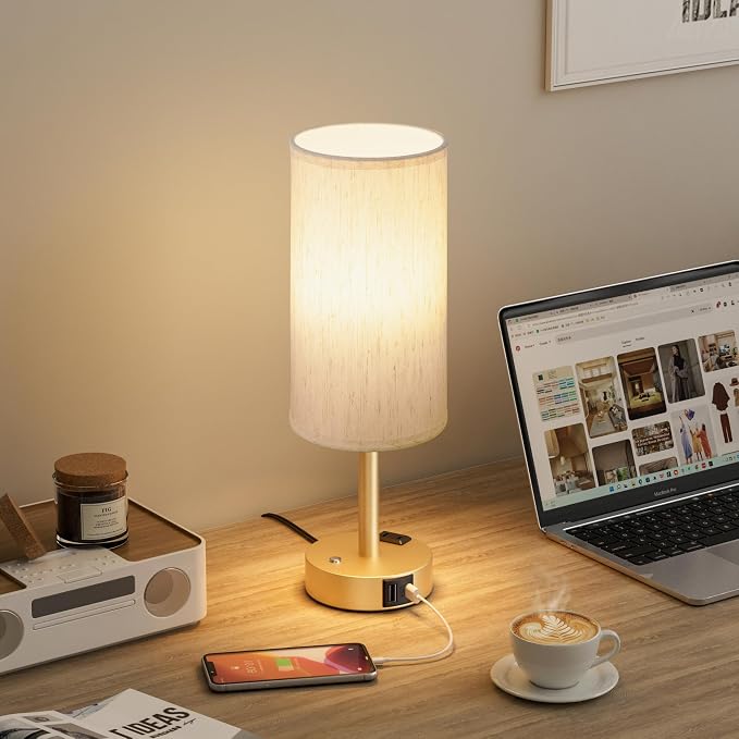 Gold Touch Bedside Lamp for Bedroom, Stepless Dimmable, USB A+C, AC Outlet | Base Touch Button Only, Memory Brightness, Ultra-dim Night Light, Included Bulb for Optimal Dimming, Cream Fabric Shade, Desk