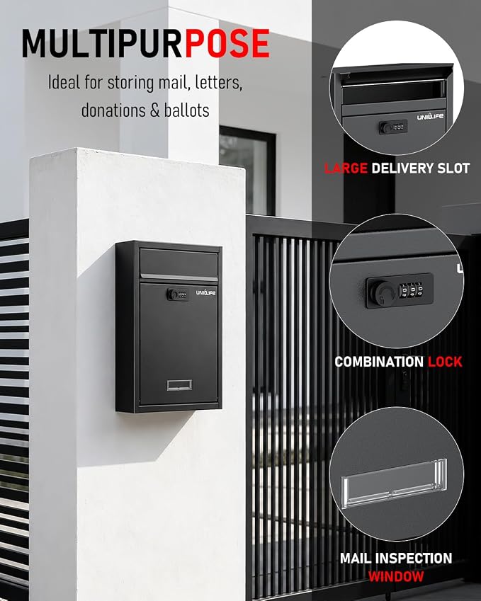 Uniclife Wall Mount Mailbox for Outside, Large Locking Mailbox with Combination Lock, Security Mail Box for House, Safe Key Drop Box, Post Box, Steel Cash Drop Box for Home Office School, Black