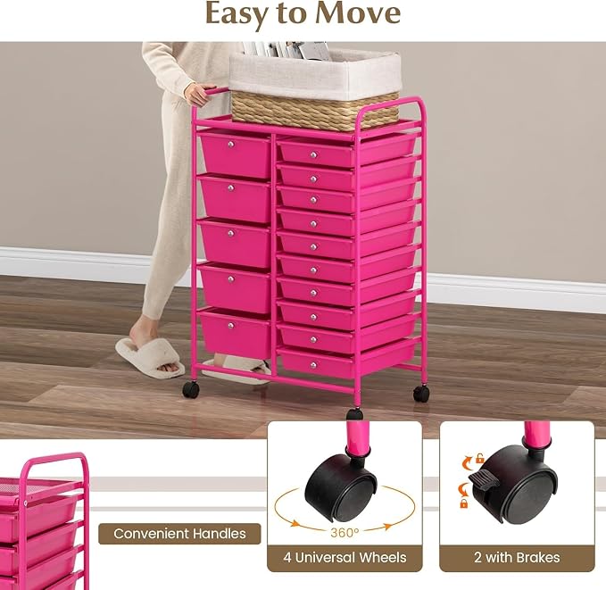15 Drawer Rolling Storage Cart, Rolling Cart with Drawers for Classroom, Art Supply Craft Organizer on Wheel with Metal Frame & Handles for Home Office School
