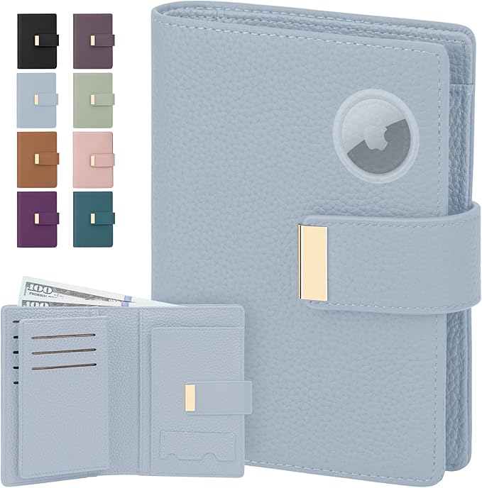 BKNOOU RFID Blocking Passport Holder with Airtag Slot- Leather Travel Passport Wallet for Women & Men, Slim Bifold Travel Passport Holder Holds Cards & Tickets & Cash (Blue)