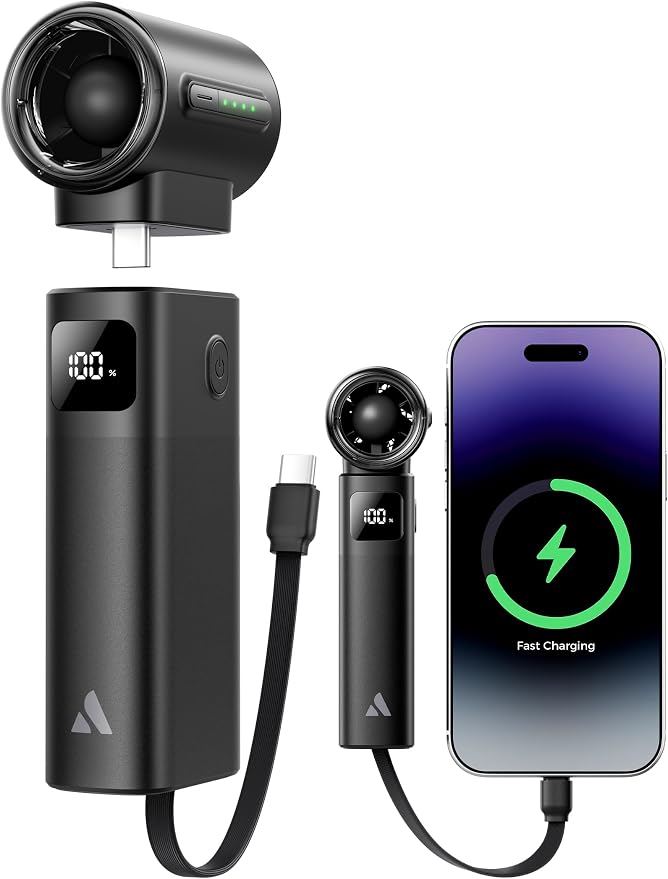 Aecooly Portable Fan with Power Bank, 36ft/s Poweful Handheld Fan | 5000mAh Battery [20H Max Cooling], 4 Speeds Mini Detachable Modular, Small Personal for Summer, Travel, Gifts for Women-Black