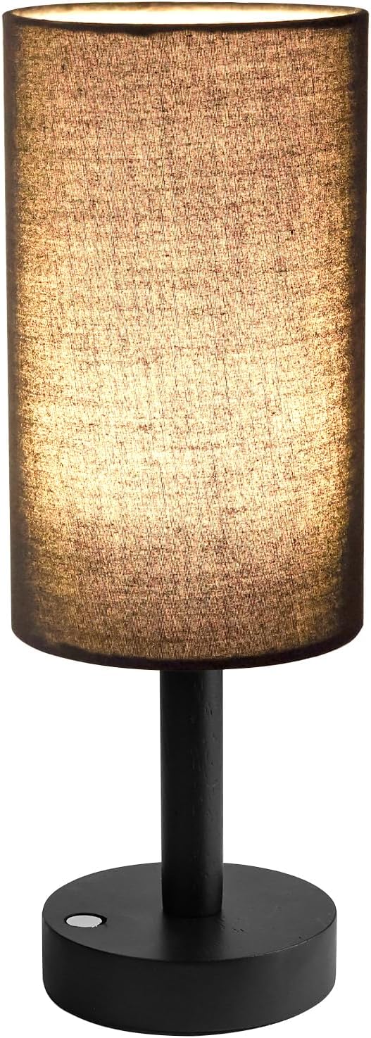 LALISU Small Table Lamp Nightstand Lamp Linen Lampshade Bedroom Wood Base Small Bedside Lamp for Night Stands, Desk Lamps for Reading Living Room, Office (LED Bulb Included) (Black and Cordless)