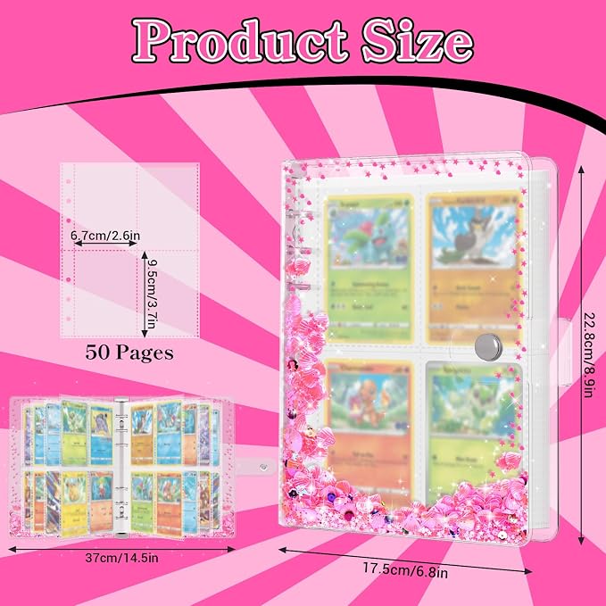 Transparent Pink Card Binder for Pokemon, Cute Card Binder for Game Cards Trading Cards, Small Card Booklet for 3~10 Year Girls Gifts, Stocking Stuffers (Holds 200 Cards)