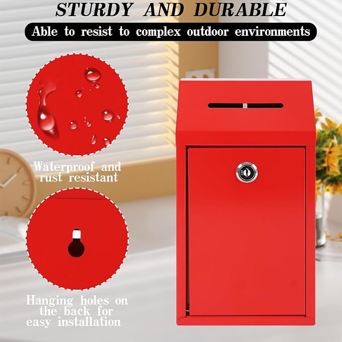 Metal Donation Box with Lock Ballot Box Drop Box with Lock Suggestion Box with Slot and Locks Metal Locks Box Comment Box Voting Box Key Drop Box for Home Office(Red,10.24 x 5.71 x 2.95 Inch)