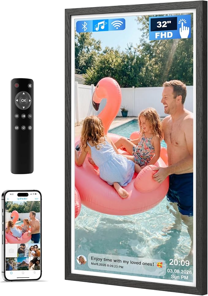 32 Inch FHD Extra Large Digital Picture Frame Touchscreen, 64GB FHD IPS WiFi Digital Photo Frame Remote, Share Photo/Video via Apps, Email, Auto-Rotate, Black Wood Pattern