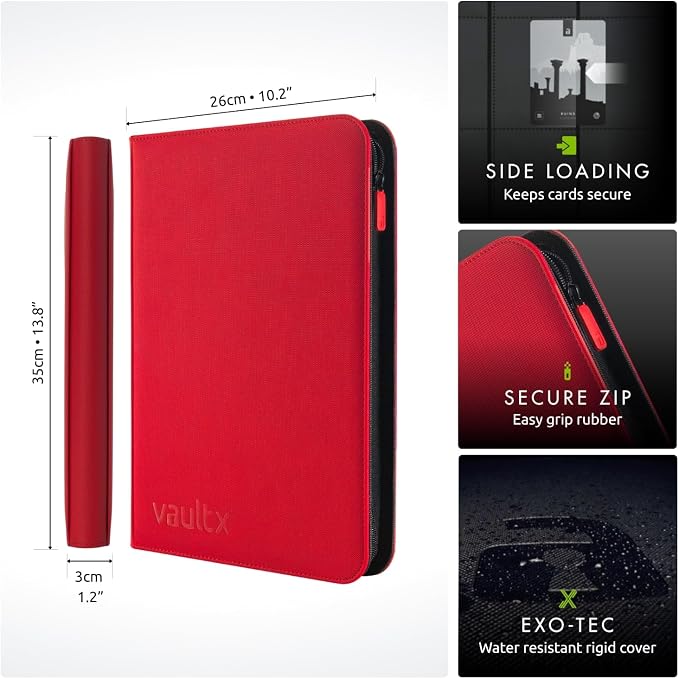 Vault X 9 Pocket Zip Binder, 360 Cards, Exo-Tec Material, 20 Side-Loading Pages (Red)