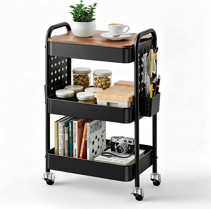 3 Tier Rolling Cart with DIY Pegboard, Metal Utility Cart with Table top | Sturdy Storage Organizer Cart with 360°Swivel Wheels& Locking Wheels, Hooks& Cups for Office, Classroom, Kitchen and Bathroom