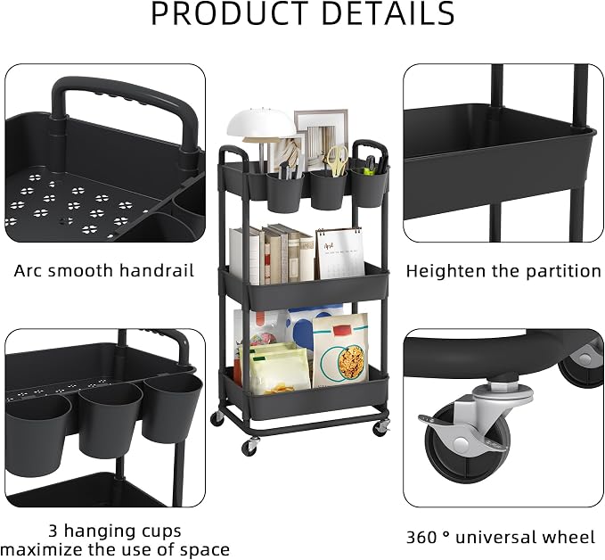 3-Tier Plastic Rolling Storage Cart Utility Cart Black | Utility Cart with Extra Hanging Cups Arc-Shaped Handles Lockable Wheels for Living Room Bathroom Kitchen Office