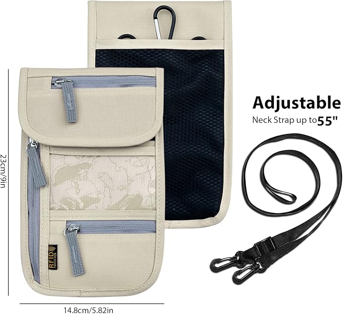 Travel Neck Wallet, RFID Blocking Passport Holder with Adjustable Neck Strap for Men and Women to Keep Cash, Credit Cards and Travel Documents Safe - Beige