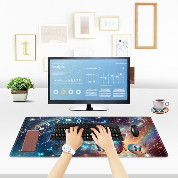 ToLuLu Large Mouse Pad Desk Pad Set, Wrist Rest Support Desk Mat for Keyboard and Mouse, 4PCS 35.4”x15.7 XXL Giant Mouse Pad, Non-Slip Base Stitched Edges Mousepad Home Office, Glittering Butterfly