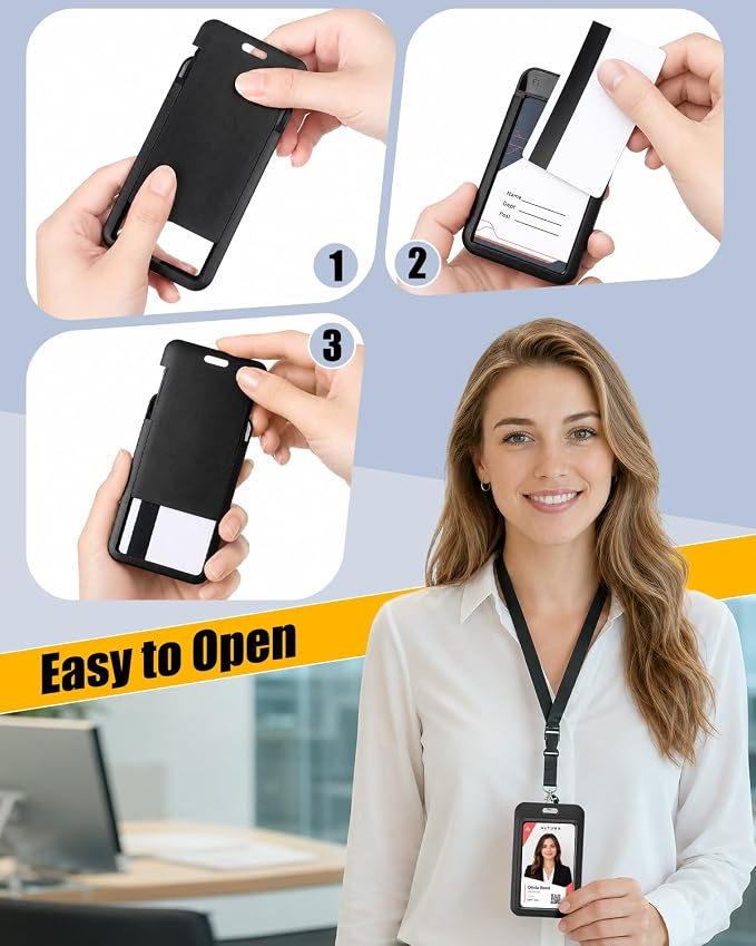 Uniclife 3 Pack Sliding Badge Holder Hard Black Vertical Plastic Card Case Protector with Detachable Lanyard Strap for Office School ID Credit Proximity Key Card Driver’s License and Pass