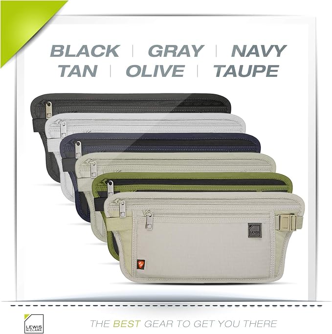 Lewis N. Clark Travel Money Belt Pouch, Slim RFID Blocking Anti Theft Waist Stash Pouches for Cash, Cards and Passport Holder