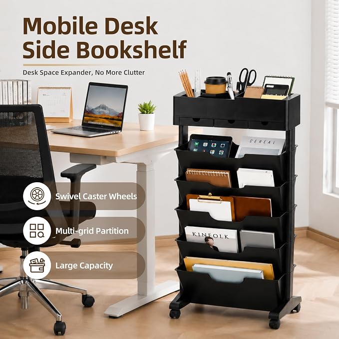 5 Tier Rolling Book Cart Multi-Functional Movable Storage Bookshelves | rolling bookshelf,Movable Storage Bookshelves with Lockable Wheels for Study Office Library Classroom,