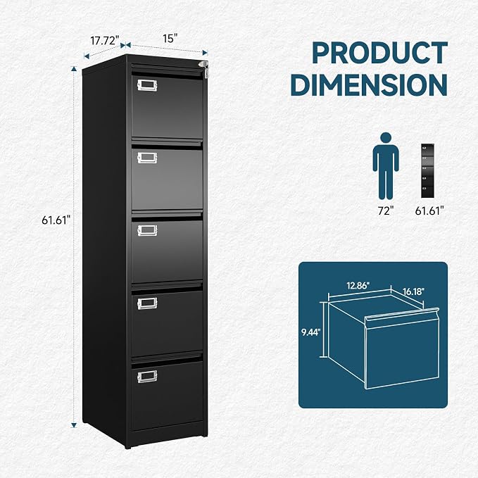 MIIIKO 5 Drawer File Cabinet, Black Vertical Filing Cabinets with Lock, Home Office File Folders Storage Cabinet for Letter Legal File Size.