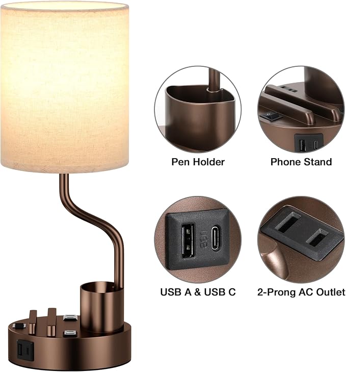Bedside Lamps for Bedroom Set of 2 - Table Desk Lamp for Nightstand | 15" Table Lamp for Living Room with Pen Holder & Phone Stand, USB A+C Port, AC Outlet, 3 Color Temperature, LED Bulb Included