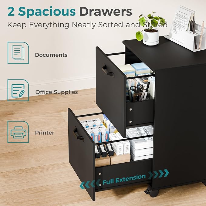 OLIXIS 2 Drawer File Cabinet, Printer Stand with Storage Cabinet | Wood Under Desk Storage Organization Holds Printer, Office Supplies, Not For Hanging Files, Fit Home Office Black