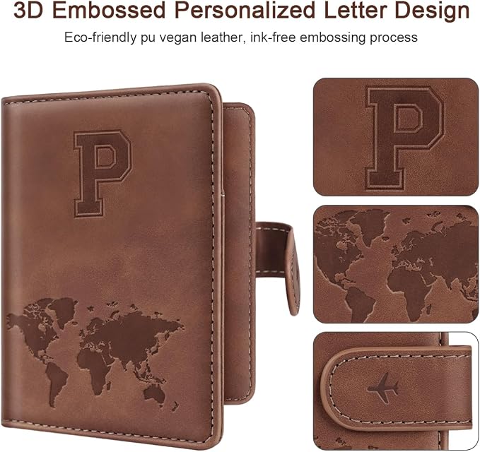 Passport Holder Wallet Cover Personalized Initial Travel Essentials | Embossed Letter A-Z Design, Travel Wallets, RFID Blocking, Passport Book Holders, Women Men, Personalized Gifts, Brown-P