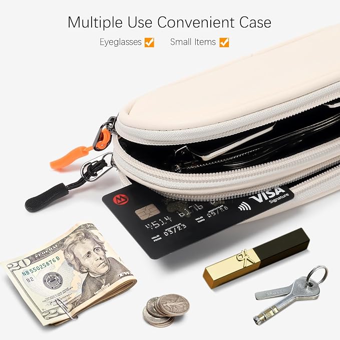 Double Eyeglasses Case Soft Portable Zipper Sunglasses Pouch with Keychain Clip for Men Women