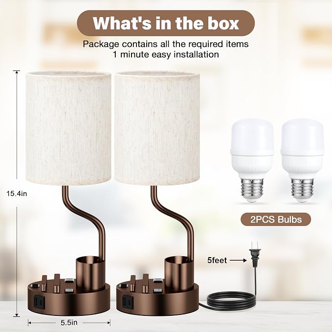 Bedside Lamps for Bedroom Set of 2 - Table Desk Lamp for Nightstand | 15" Table Lamp for Living Room with Pen Holder & Phone Stand, USB A+C Port, AC Outlet, 3 Color Temperature, LED Bulb Included