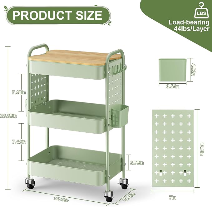 3 Tier Rolling Cart with Table top, Metal Utility Cart with DIY Pegboard | Sturdy Storage Organizer Cart with Locking Wheels,Hooks& Cups for Office, Classroom, Kitchen and Bathroom, Green