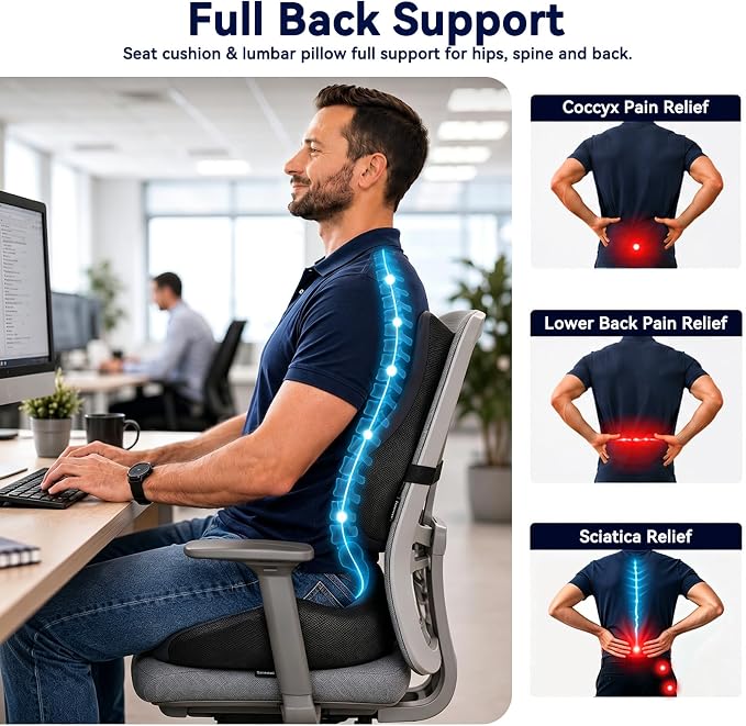 Oversized Seat Cushion with Lumbar Support for Long Sitting & Office Chairs | Designed for 150–300 Lbs with Ergonomic Support for Tailbone & Sciatica Relief in Car, Office, Home & Wheelchair