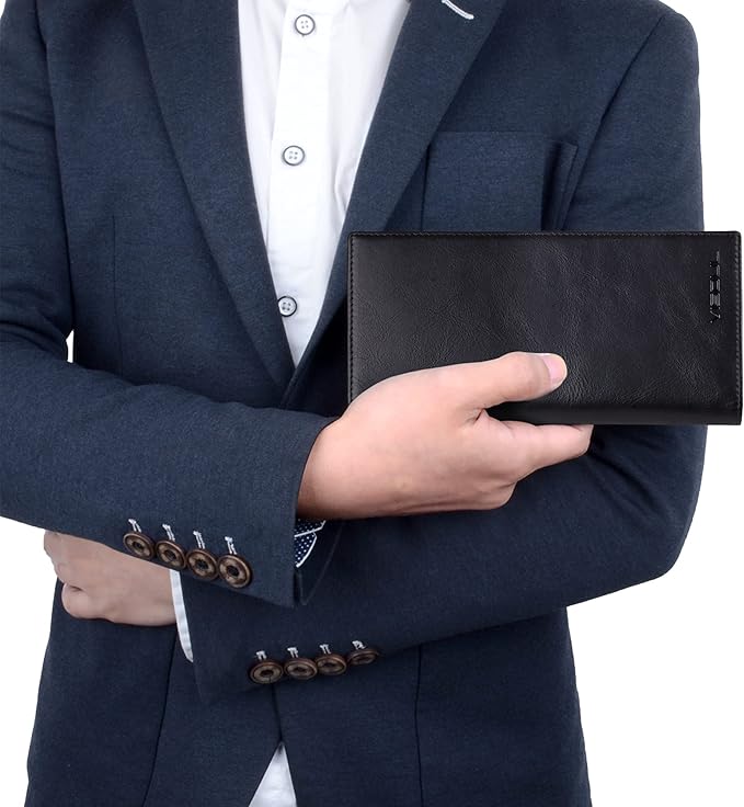 VISOUL Leather Checkbook Cover Wallet for Men with RFID Blocking, Mens Long Bifold Cash Tall Wallet with 11 Credit Card Slots 1 ID Window (Black and Burgundy)
