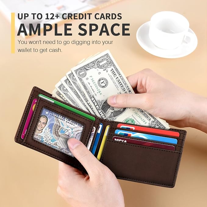 RUNBOX Wallet for Men, Slim Leather Bifold, RFID Blocking Card Holder | Minimalist Front Pocket Design, Credit Card Organizer, Holds 11 Cards, Large Capacity, Thin Profile, Birthday Gifts for Men