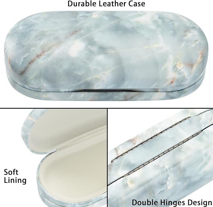 Muf 2 in 1 Contact Lens Case and Glasses Case, Double Sided Design with Mirror, Portable Travel Kit with Tweezer, Remover and Solution Bottle, Green Grey Marble