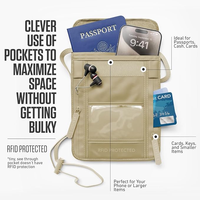 VENTURE 4TH Travel Neck Wallet, RFID Blocking Passport Holder - Sleek Beige