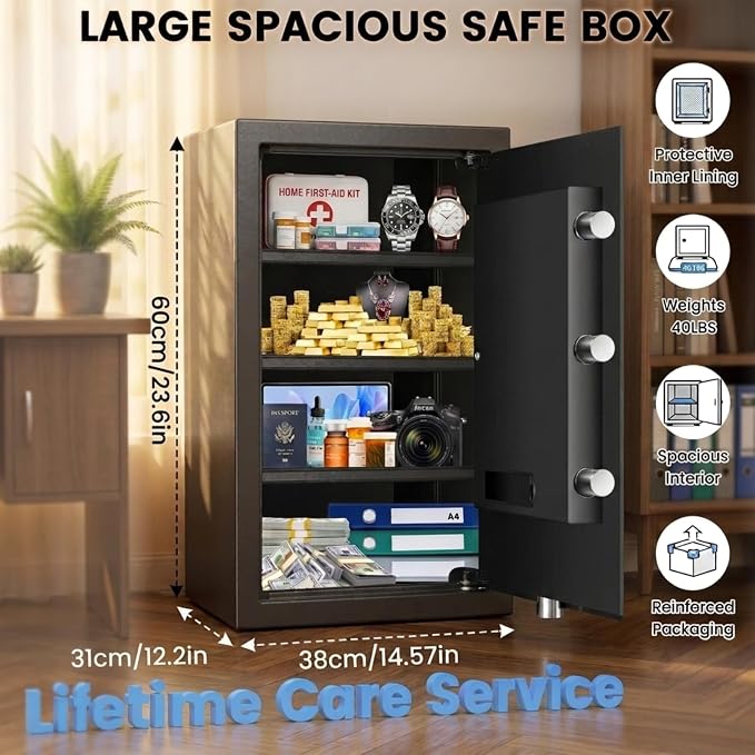 [23.6" Tall] Large Safe Box with Fireproof Bag for Home Use | LED Light, Digital Keypad, Spare Keys and 3 Removable Shelves, Wall/Floor Mountable Security Safes for Documents
