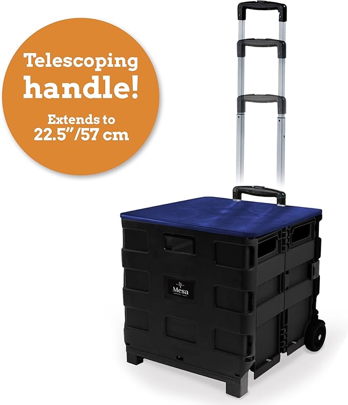 Collapsible Ultra-Slim Pack-N-Roll,2 Wheel Utility Cart w/Lid Used as Seat up to 250 Lbs, Telescopic Handle - Super Strong, for Home, Garden, Shopping, Office, School use, Large, Blue
