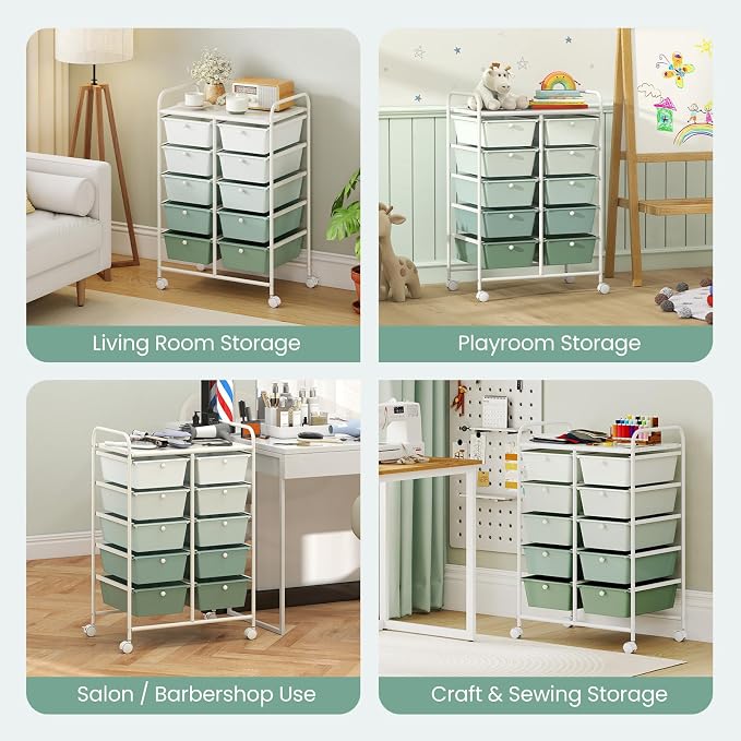BECOMFORT 10-Drawer Rolling Cart with Drawers, Storage Cart on Wheels, Teacher Classroom Organizers with Metal Frame, Mobile Craft Cart, Trolley Utility Cart for School Office Play Room