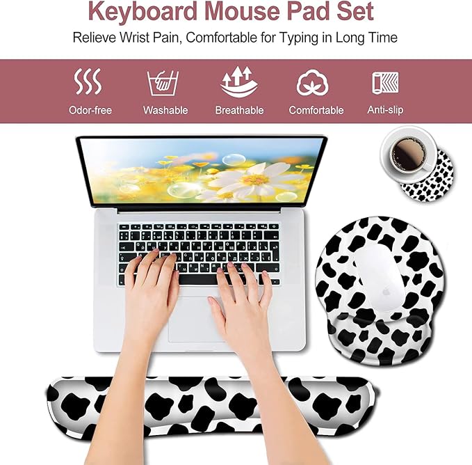 Wireless Mouse Pad with Wrist Support, Ergonomic Gel Mouse Pad, Keyboard Wrist Rest, Soft Memory Foam Keyboard Wrist Pad for Office Typing Desk Pad, Black and White Cow Pattern Animal Gaming Mousepad