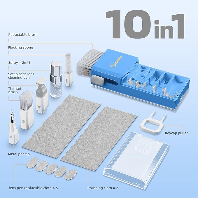 Keyboard Cleaner & Laptop Cleaning Kit for Computer Screen, SkyBlue | High-density Soft brush, Screen Cleaner Spray,2mm Thicken Large Microfiber Polishing Cloth,Metal Pen Tip,Flocking Sponge