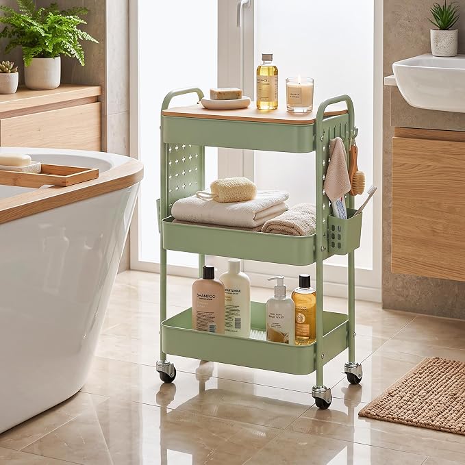 3 Tier Rolling Cart with Table top, Metal Utility Cart with DIY Pegboard | Sturdy Storage Organizer Cart with Locking Wheels,Hooks& Cups for Office, Classroom, Kitchen and Bathroom, Green