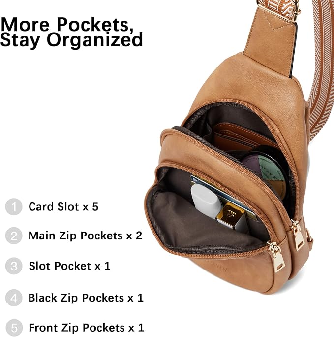 BOSTANTEN Sling Bag for Women Leather Crossbody Bags Fanny Pack Chest Bag for Travel | Adjustable Wide Strap, Small, Anti Theft, Lightweight, Multi Pockets and Carrying Way, Card Slot, Cute Trendy for Everyday