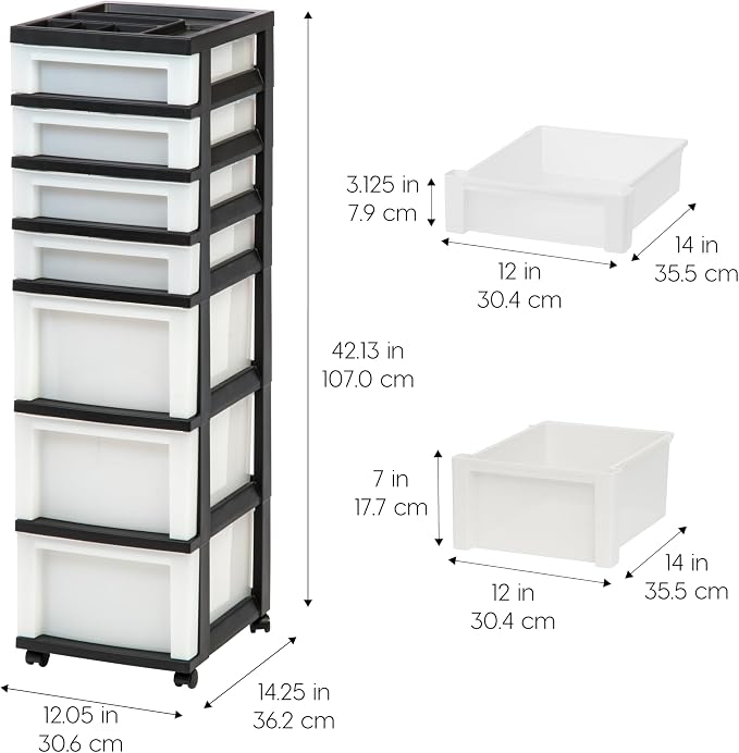 IRIS USA 7-Drawer Rolling Storage Cart, Black/Pearl | Keep classroom supplies, teacher essentials, craft materials, and learning tools organized with easy-access drawers.