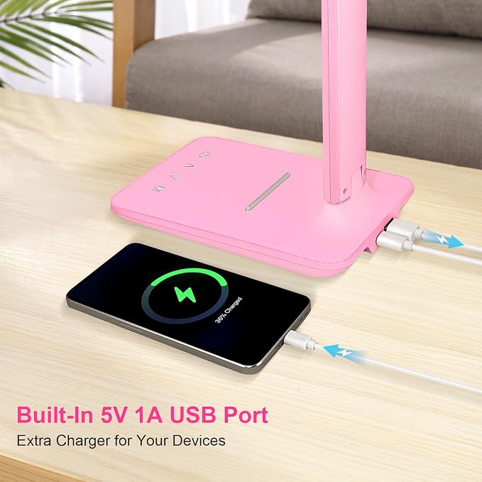 White crown LED Desk Lamp Dimmable Table Lamp Reading Lamp with USB Charging Port, 5 Lighting Modes, Sensitive Control, 30/60 Minutes Timer Pink (Pink, First-Generation)