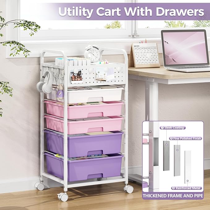 5 Drawer Rolling Storage Cart with Pegboard Top and Hooks, Dreamy Color | Mobile Organizer Cart with Wheels for Office Supplies, Craft Storage, Classroom Organization, Home Utility Cart