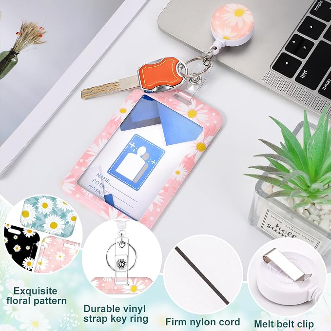 3 Set Daisy ID Badge Holder with Retractable Reel, Retractable ID Badge Holders with Clip Name Badge Holders for Teacher Nurse Doctor Student Office Workers