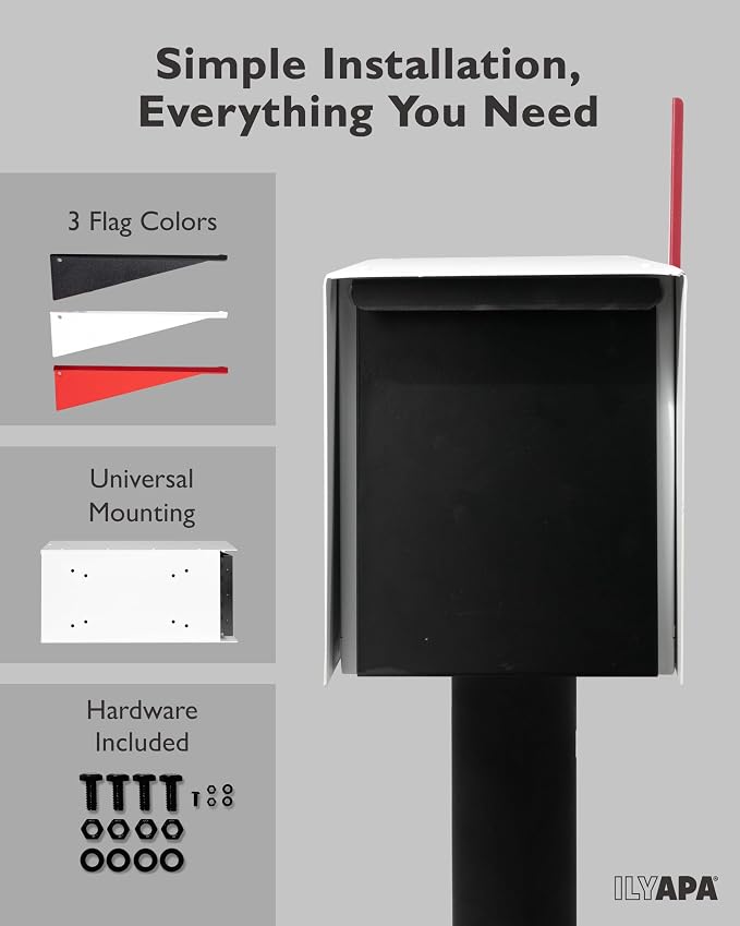 Ilyapa Modern Mailbox for Post Mount - White with Black Door Powder Coated Steel, Waterproof Letter Box for Parcels, with Recessed Magnetic Close Door