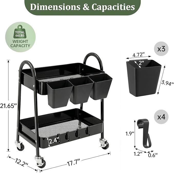 2-Tier Rolling Cart, Utility Cart Mobile Metal Rolling Storage Cart with Lockable Wheels & Hanging Cups & Hooks for Kitchen, Bathroom, Office, Workshop, Purple
